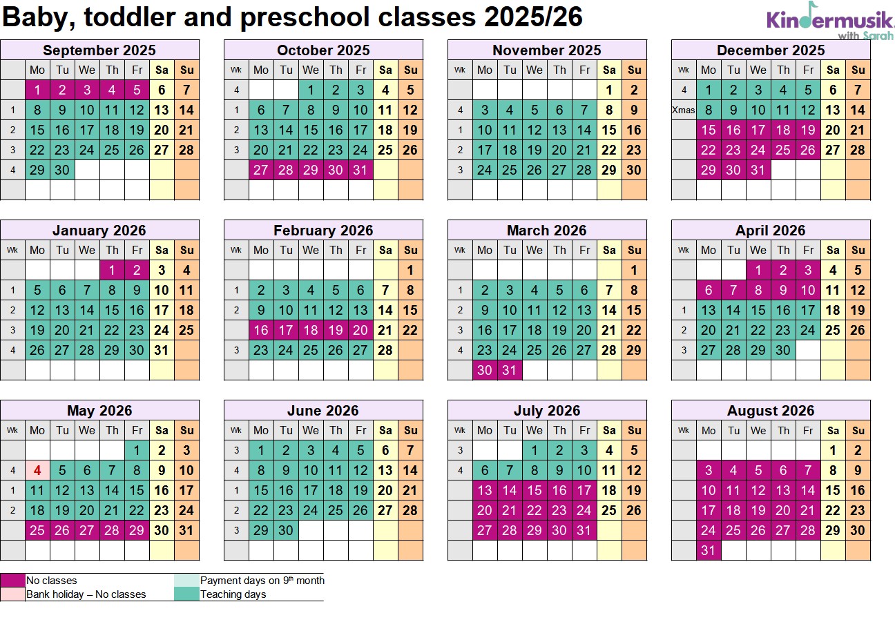 2025-26 Term Dates Baby toddler and preschool Kindermusik Musicians calendar 2023-24
